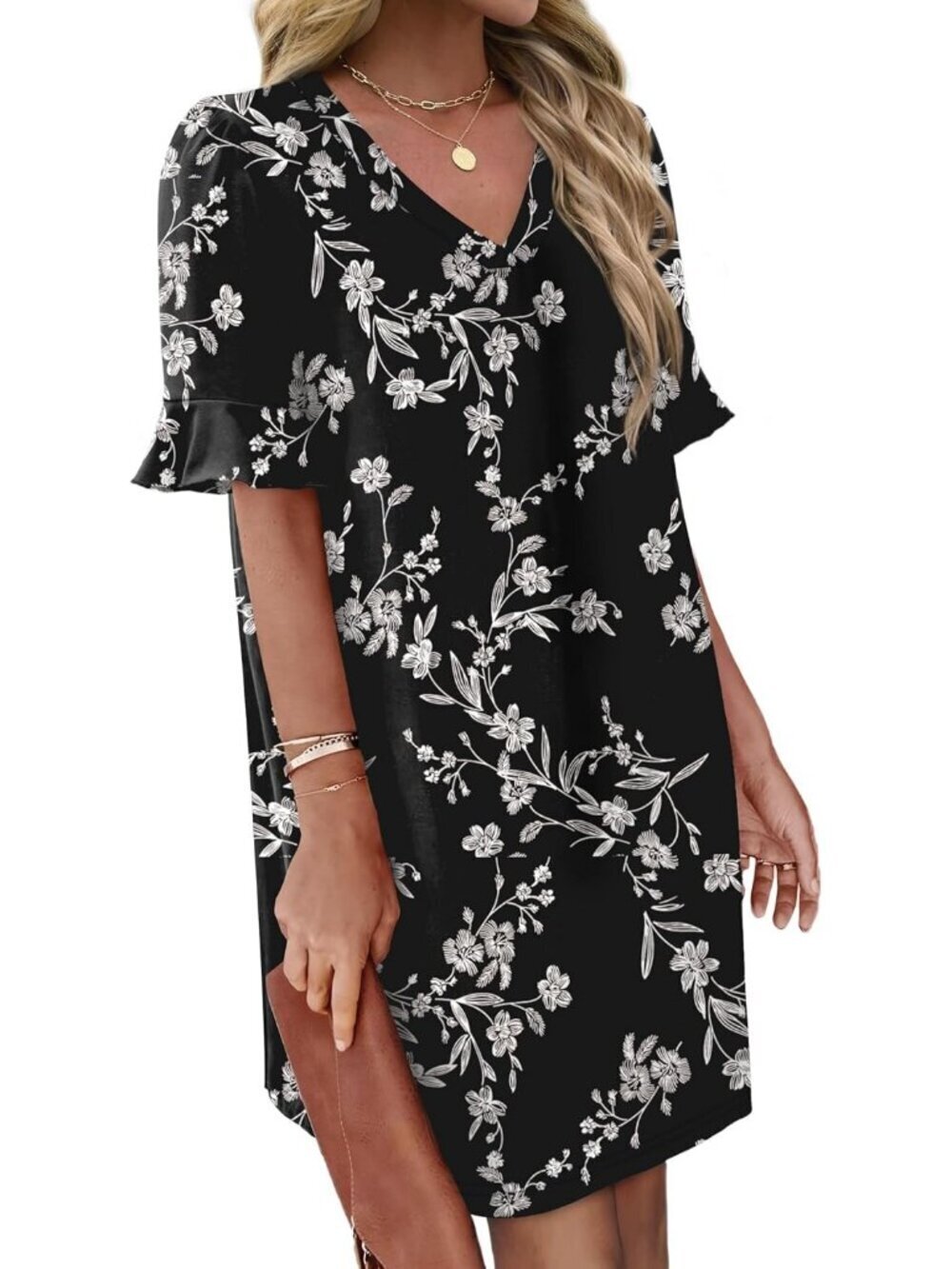 Women's Pattern Black Ruffle Short Sleeve V Neck Casual Shift Mini Dress - Picture 3 of 5